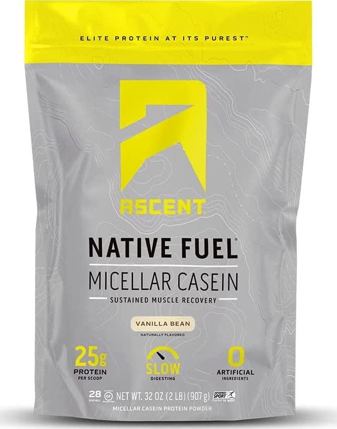 Ascent Native Fuel Casein Protein Powder - 25g Micellar Casein with Zero Artificial Ingredients, Soy and Gluten-Free, No Added Sugar, 4.9g BCAA, 2.2g Leucine - Vanilla Bean, 2 Pounds