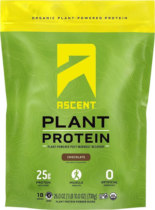 Ascent Organic Plant Based Protein Powder - Non Dairy Vegan Protein, Zero Artificial Ingredients, Soy and Gluten Free, No Added Sugar,Â 4g BCAA, 2g Leucine - Chocolate, 18 Servings
