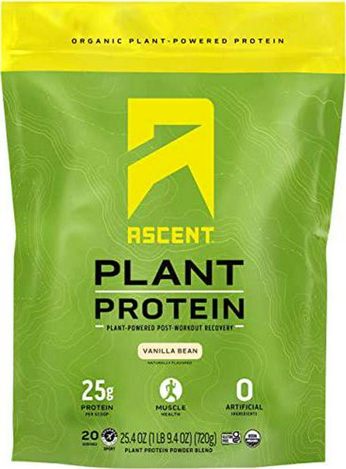 Ascent Organic Plant Based Protein Powder - Non Dairy Vegan Protein, Zero Artificial Ingredients, Soy and Gluten Free, No Added Sugar, 4g BCAA, 2g Leucine - Vanilla, 20 Servings