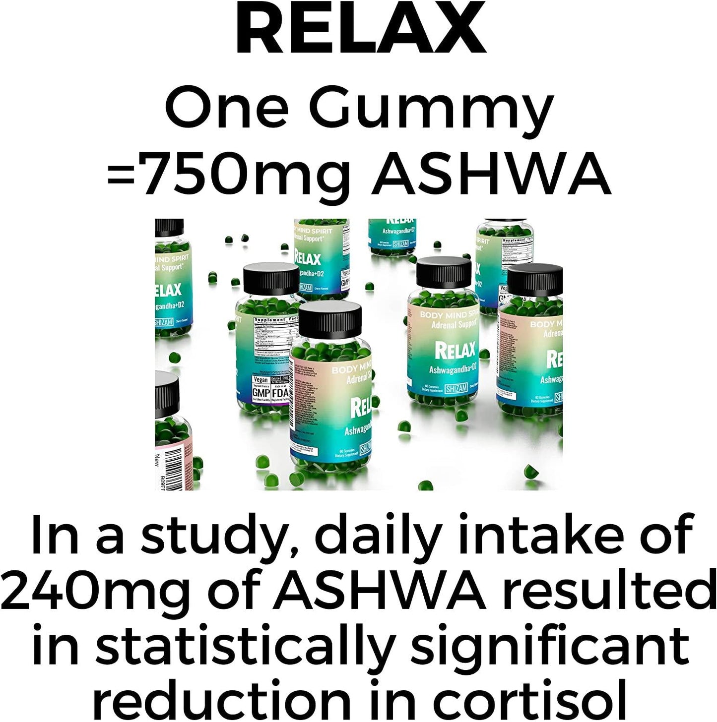 Ashwagandha ASHWA Gummies w/Vitamin D-2 for Calm Sleep Adrenal Cortisol Thyroid Blood Sugar Brain Boost Memory Vitality Weight Hair-Loss Growth Support Supplement for Men, Women and Kids
