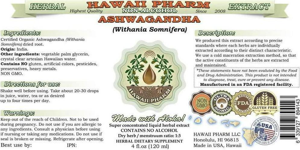 Ashwagandha Alcohol-Free Liquid Extract, Organic Ashwagandha (Withania Somnifera) Dried Root Glycerite Hawaii Pharm Natural Herbal Supplement 2 oz
