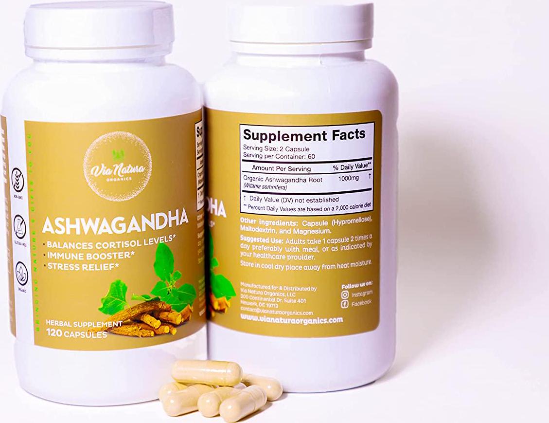Ashwagandha Capsules 1000mg | Organic Herbal Supplement | Balances Cortisol Levels | Stress Relief | 120 Capsules by Via Natura Organics