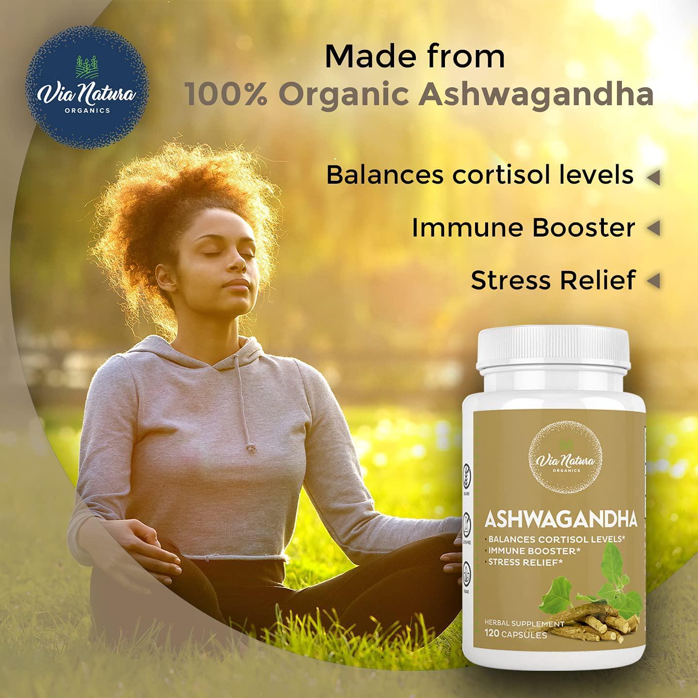 Ashwagandha Capsules 1000mg | Organic Herbal Supplement | Balances Cortisol Levels | Stress Relief | 120 Capsules by Via Natura Organics