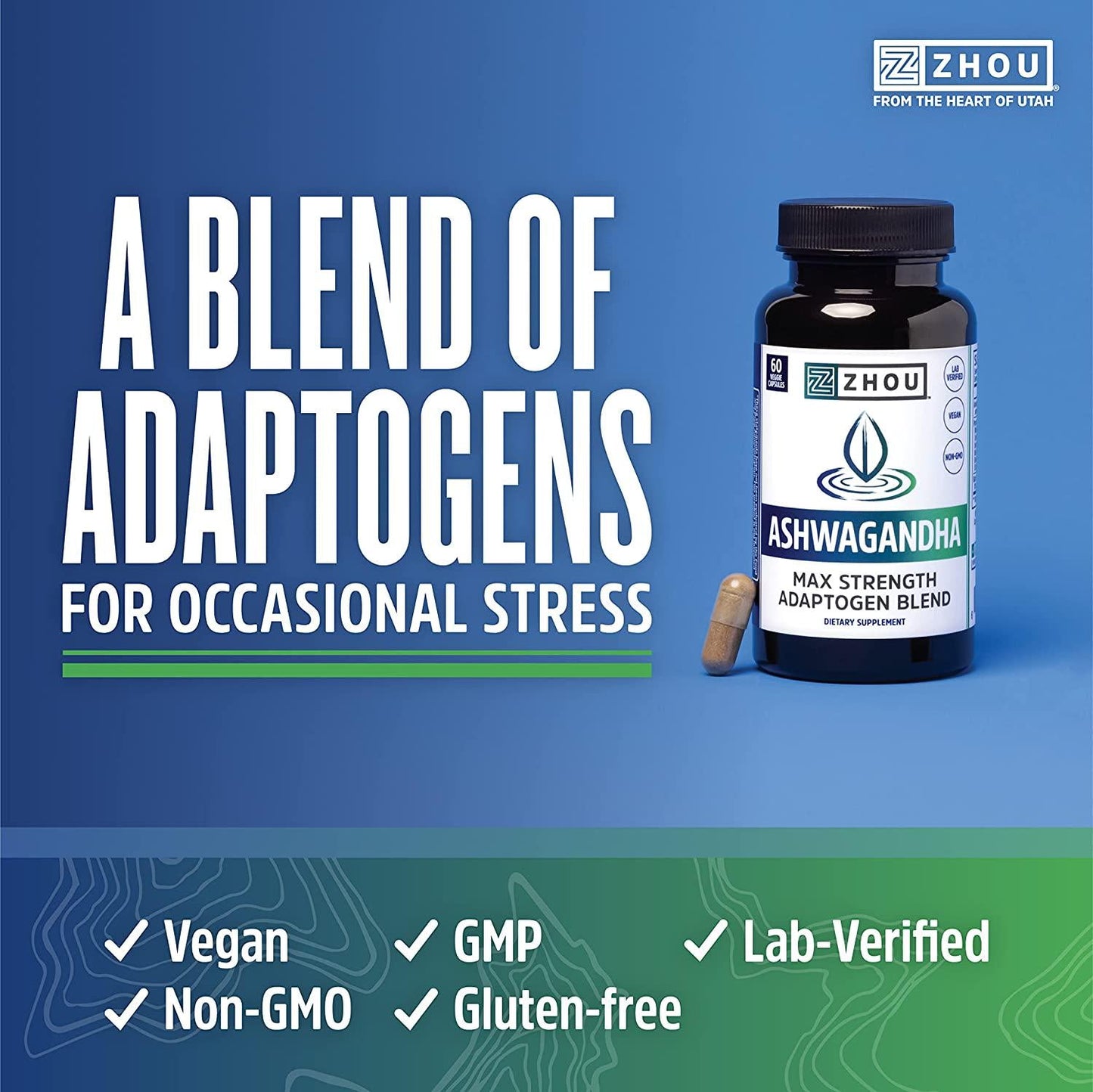 Ashwagandha Capsules - Natural Adaptogenic Supplements With rhodiola and Cordyceps, Adrenal System Booster, for Stress and Occasional Anxiety Relief - 30 Servings