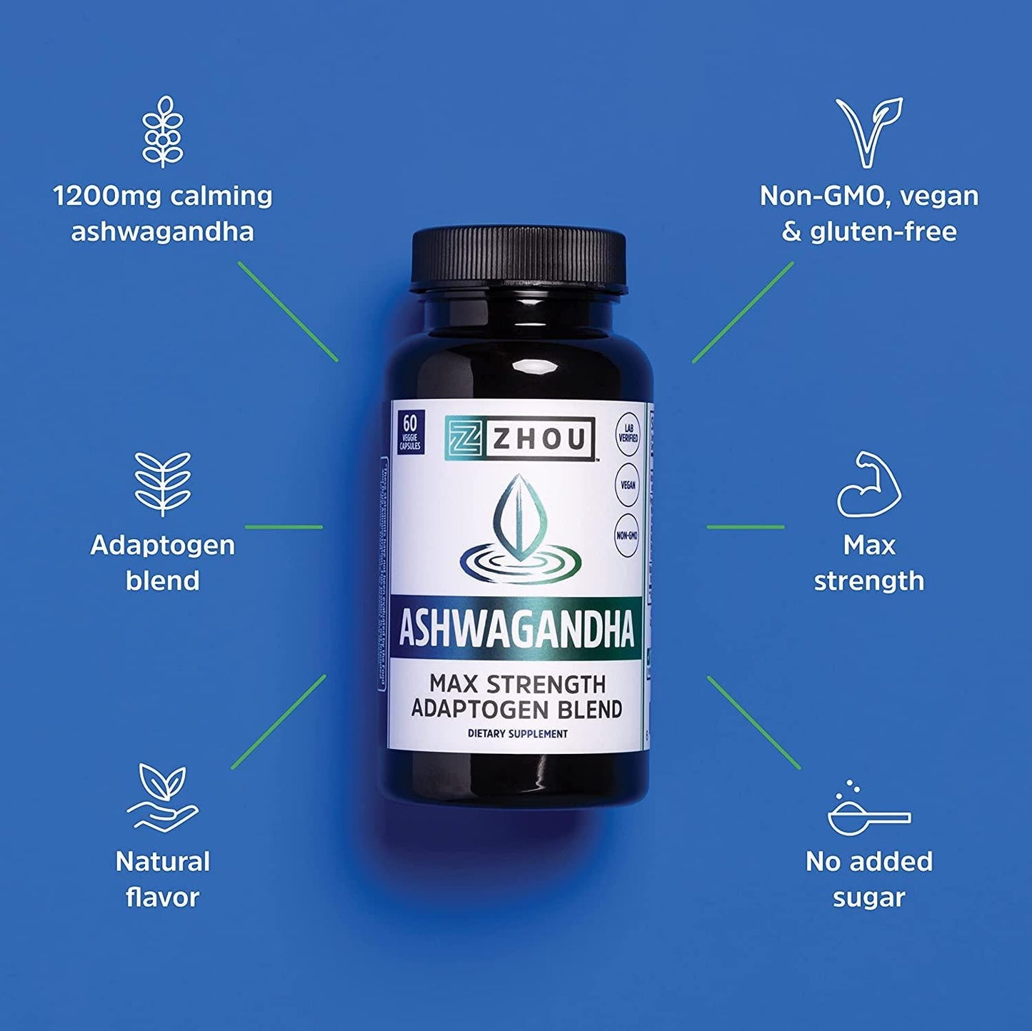 Ashwagandha Capsules - Natural Adaptogenic Supplements With rhodiola and Cordyceps, Adrenal System Booster, for Stress and Occasional Anxiety Relief - 30 Servings