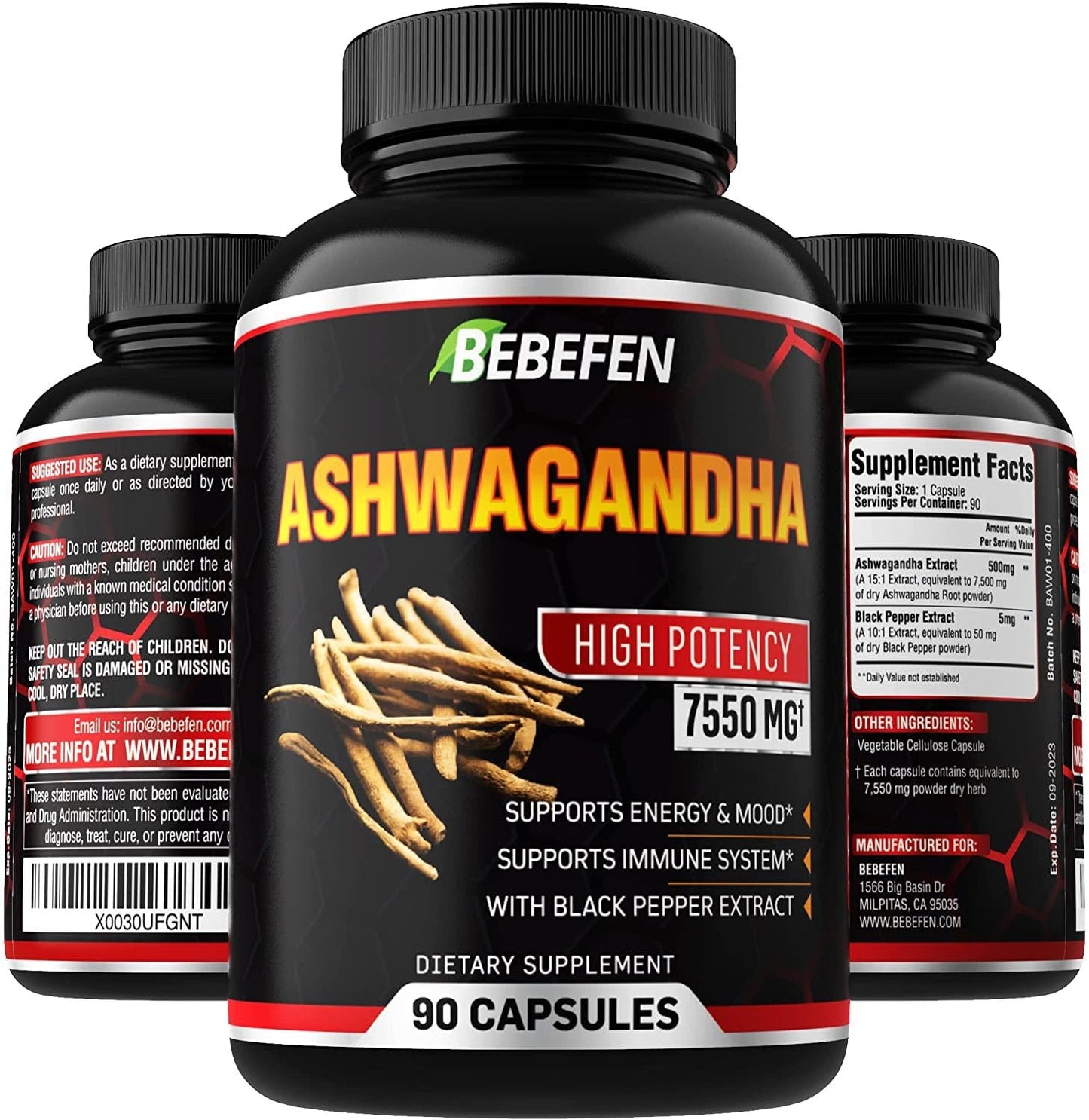 Ashwagandha Capsules - 7550mg Formula Pills with Black Pepper Extract - 90 Capsules Ashwagandha Supplement for Energy Support - 3 Month Supply