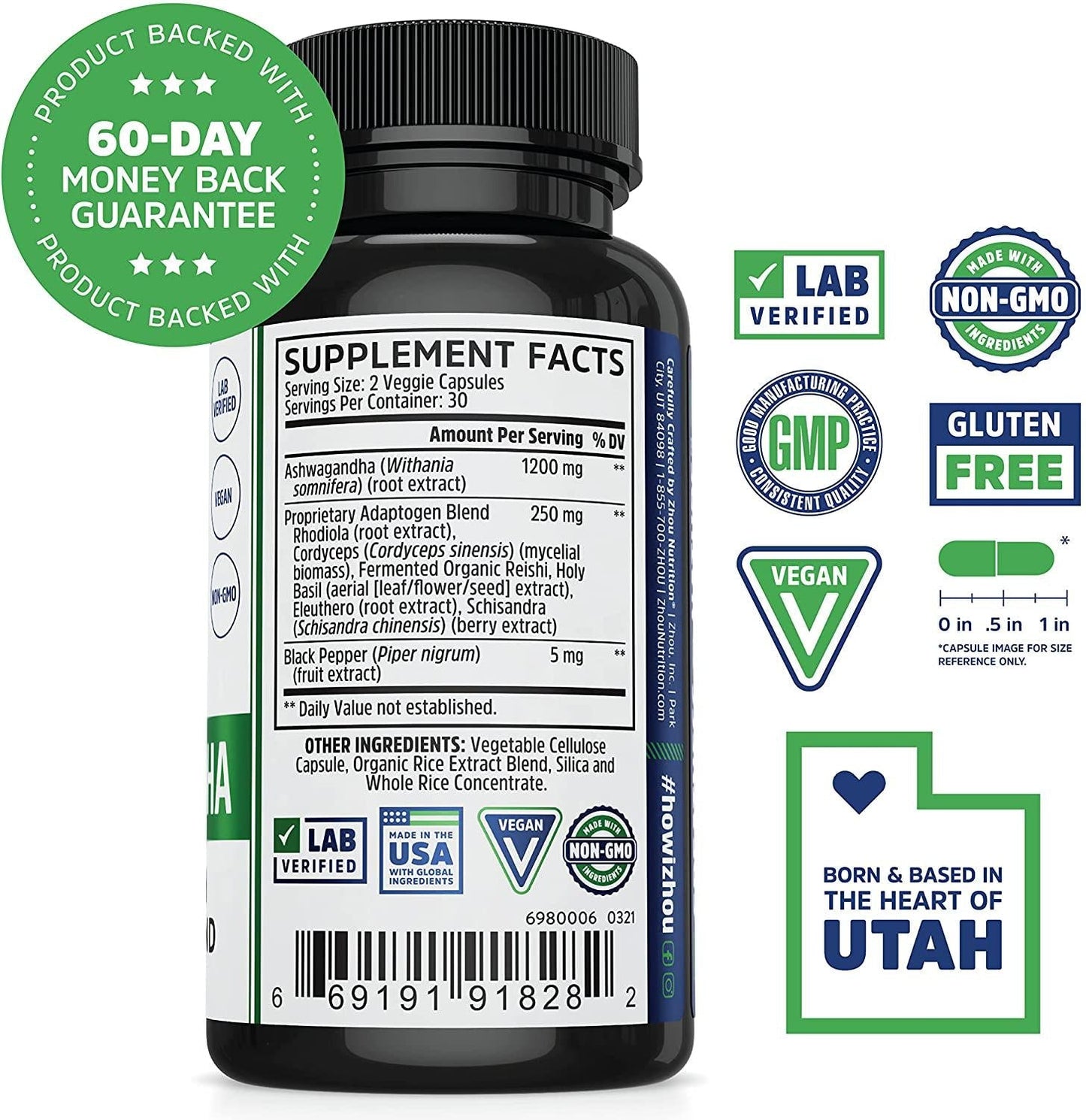 Ashwagandha Capsules - Natural Adaptogenic Supplements With rhodiola and Cordyceps, Adrenal System Booster, for Stress and Occasional Anxiety Relief - 30 Servings