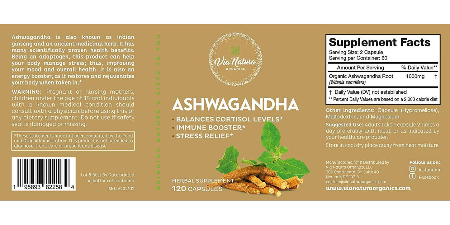 Ashwagandha Capsules 1000mg | Organic Herbal Supplement | Balances Cortisol Levels | Stress Relief | 120 Capsules by Via Natura Organics