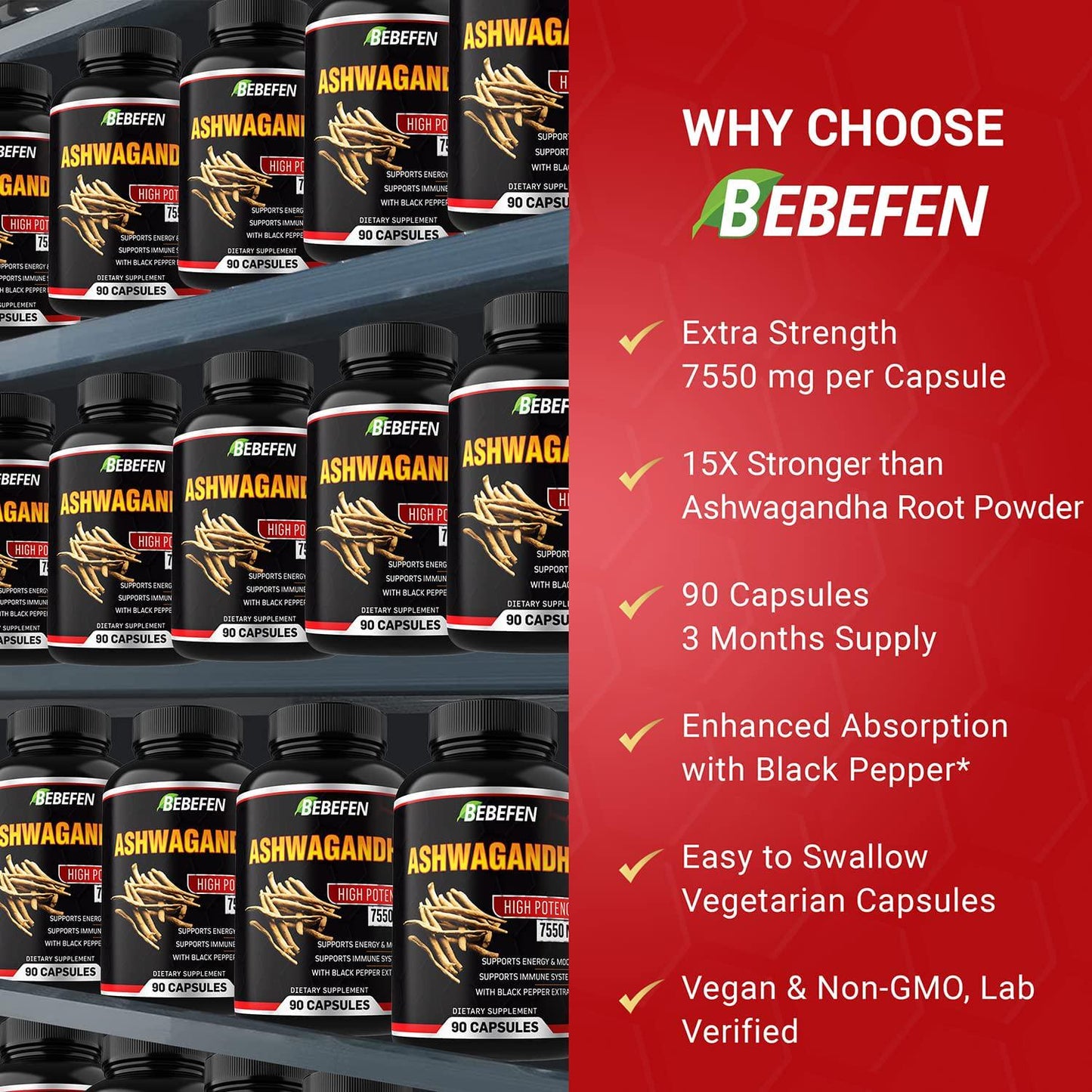 Ashwagandha Capsules - 7550mg Formula Pills with Black Pepper Extract - 90 Capsules Ashwagandha Supplement for Energy Support - 3 Month Supply