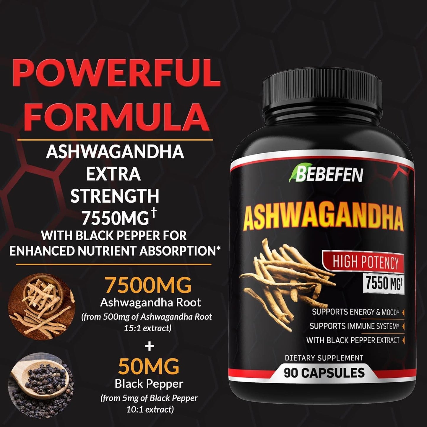 Ashwagandha Capsules - 7550mg Formula Pills with Black Pepper Extract - 90 Capsules Ashwagandha Supplement for Energy Support - 3 Month Supply