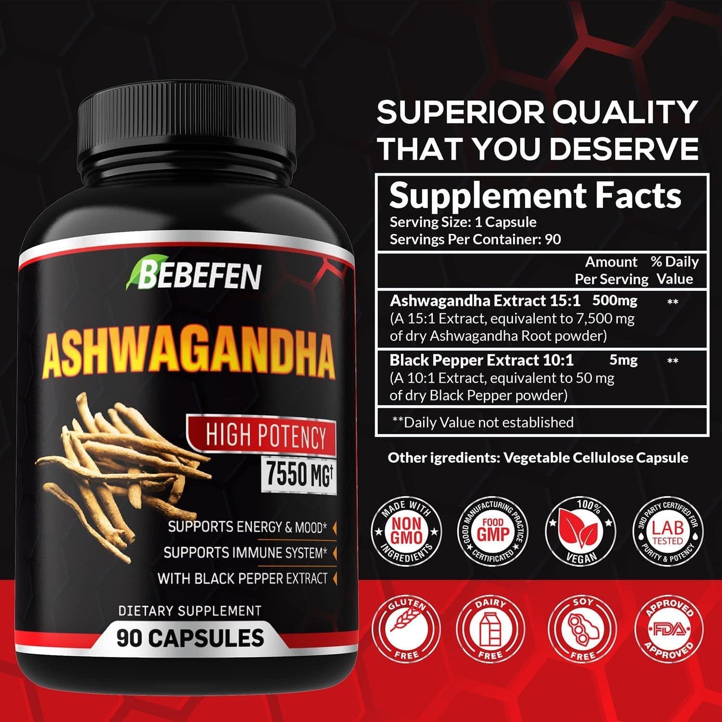 Ashwagandha Capsules - 7550mg Formula Pills with Black Pepper Extract - 90 Capsules Ashwagandha Supplement for Energy Support - 3 Month Supply