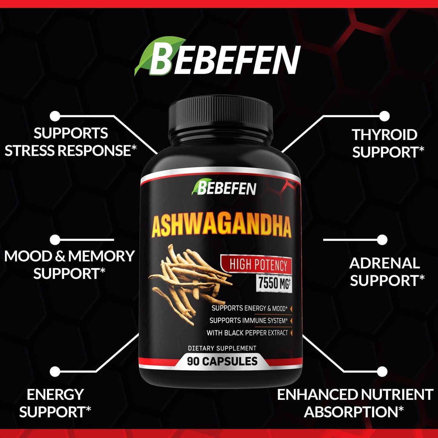 Ashwagandha Capsules - 7550mg Formula Pills with Black Pepper Extract - 90 Capsules Ashwagandha Supplement for Energy Support - 3 Month Supply
