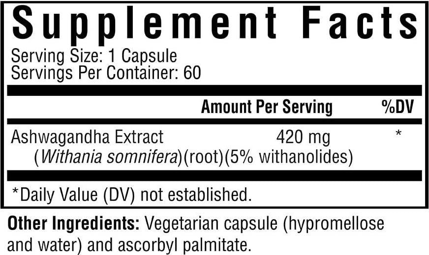 Ashwagandha Extract | Potent 420 mg Natural Ashwagandha with 5% Withanolides | Helps Support Glandular Health and Balance Stress Levels | 60 Vegetarian Capsules | Seeking Health