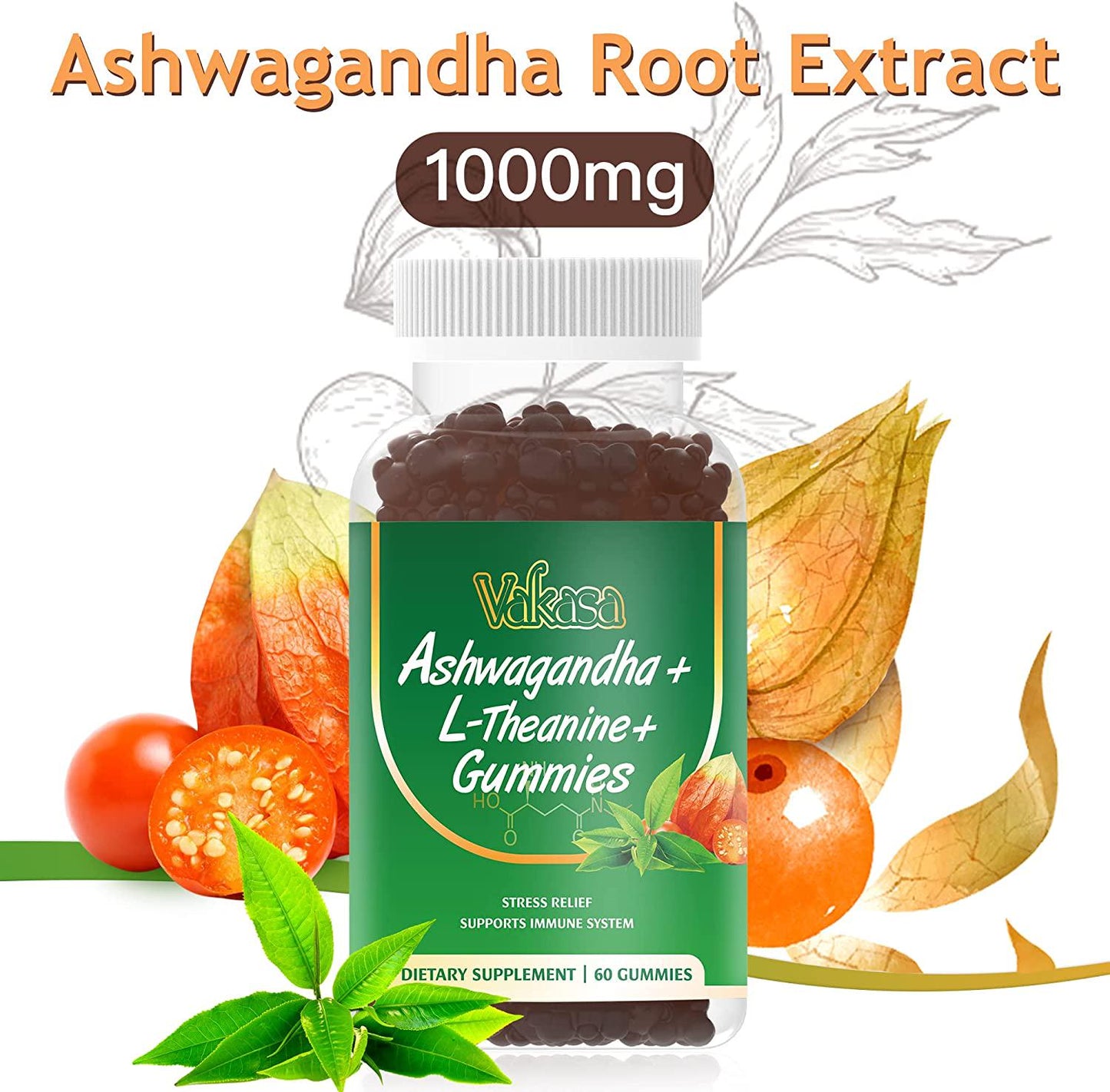 Ashwagandha Gummies with L-Theanine , Vitamin D2, Organic Ashwagandha Root Extract - Supplemental Immune System, Ashwagandha Gummies for Women and Men, Vegan, Gluten-Free, Non-GMO, 60 Gummies