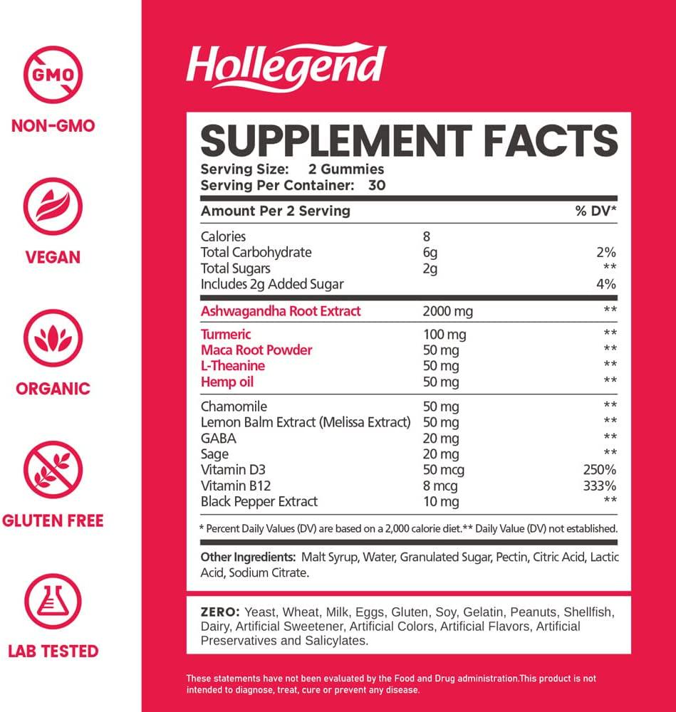 Ashwagandha Gummies by HOLLEGEND 2000mg Organic Ashwagandha Root Powder with Maca for Women Men, Relax, Reenergize, Restore, ASHWA Vitamin Gummy Supplements for Stress Relief, Calm Mood , 120 Gummies