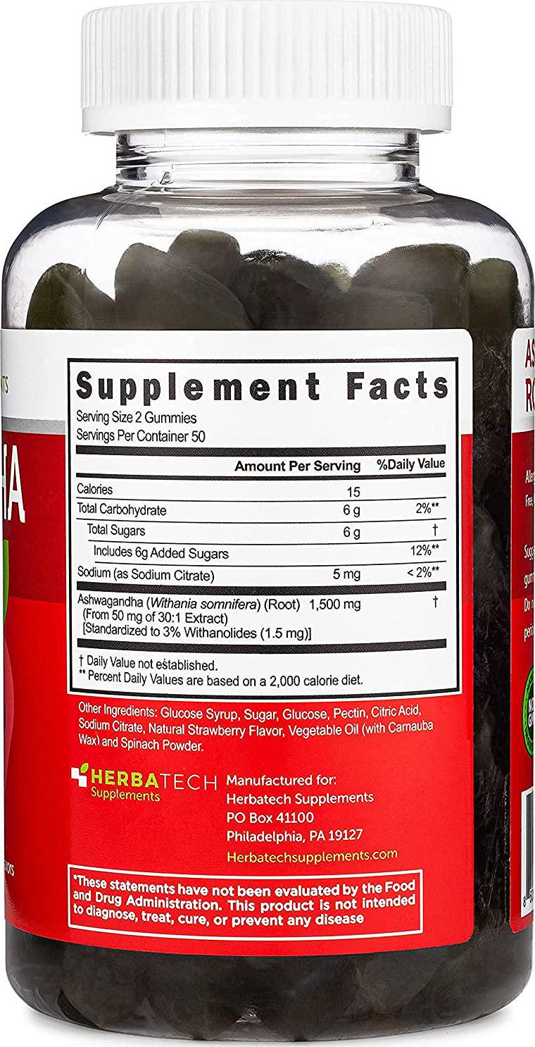 Ashwagandha Gummies for Men and Women - Strongest 1,500mg Formula (100 Gummies) 3% Withanolides Cortisol Blocker for Stress, Anxiety, and Relaxation from Herbatech Supplements