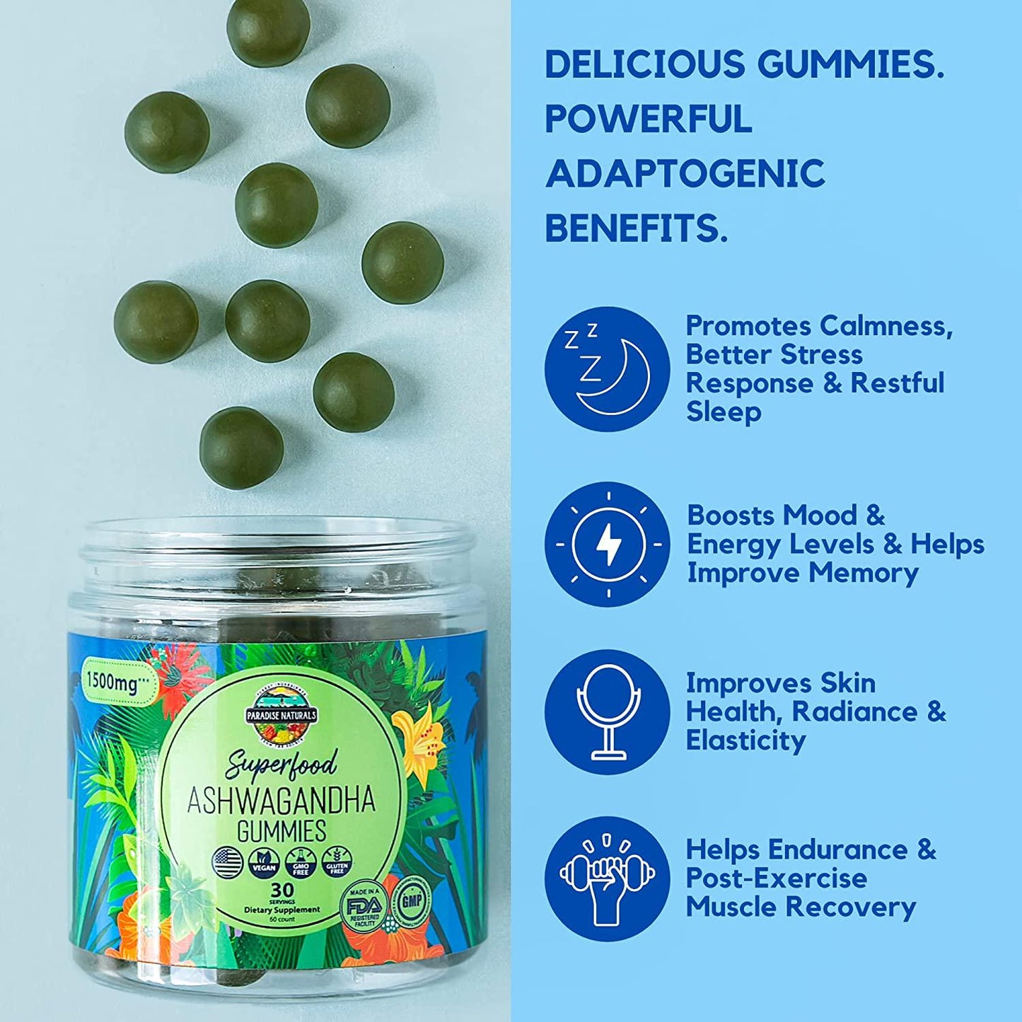 Ashwagandha Gummies by Paradise Naturals - 1500mg Natural Stress Relief Calm Recovery Gummy - Vitamin D Plus Zinc Immune Supplements - Sleep and Mood Support - De-Stress and Calming Energy