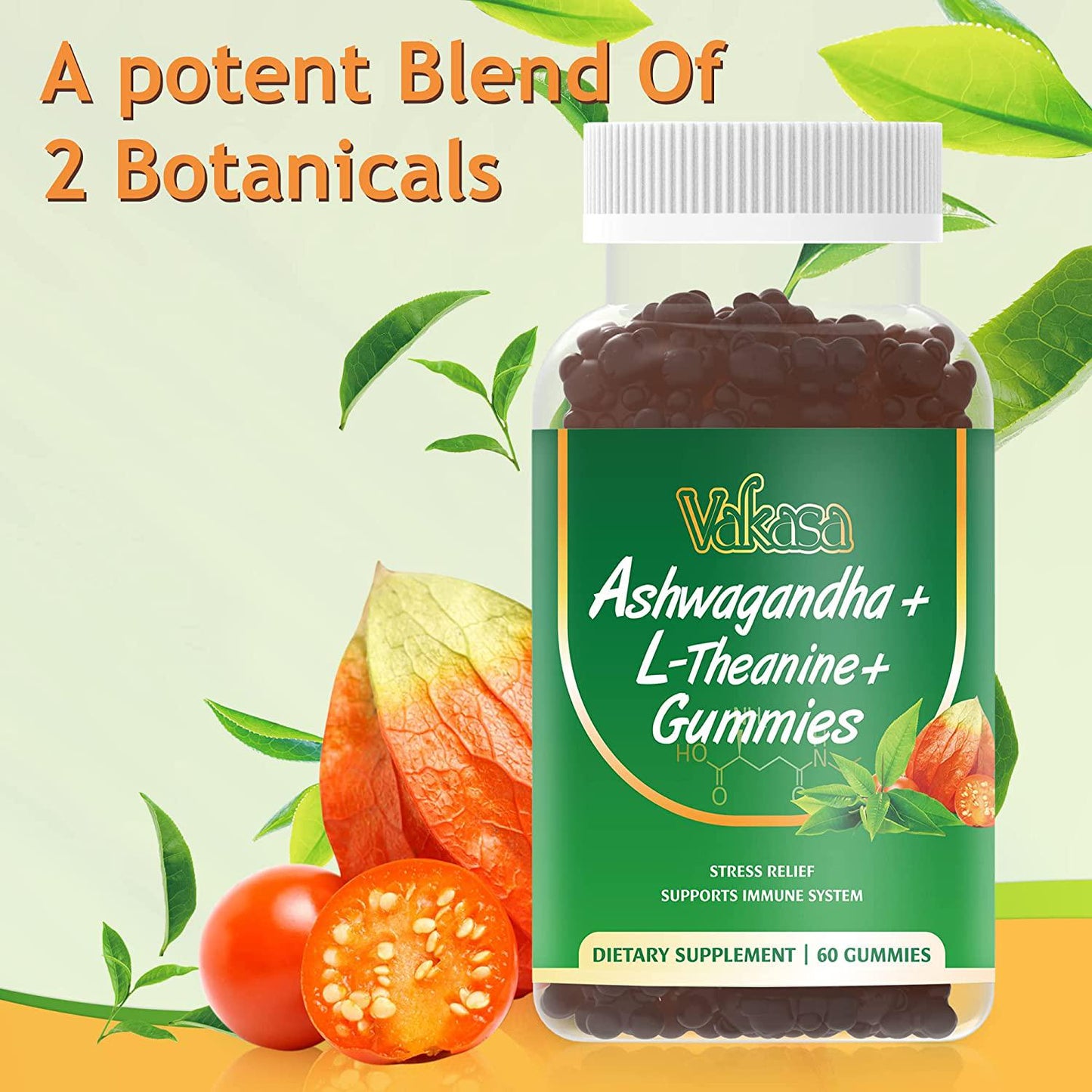 Ashwagandha Gummies with L-Theanine , Vitamin D2, Organic Ashwagandha Root Extract - Supplemental Immune System, Ashwagandha Gummies for Women and Men, Vegan, Gluten-Free, Non-GMO, 60 Gummies