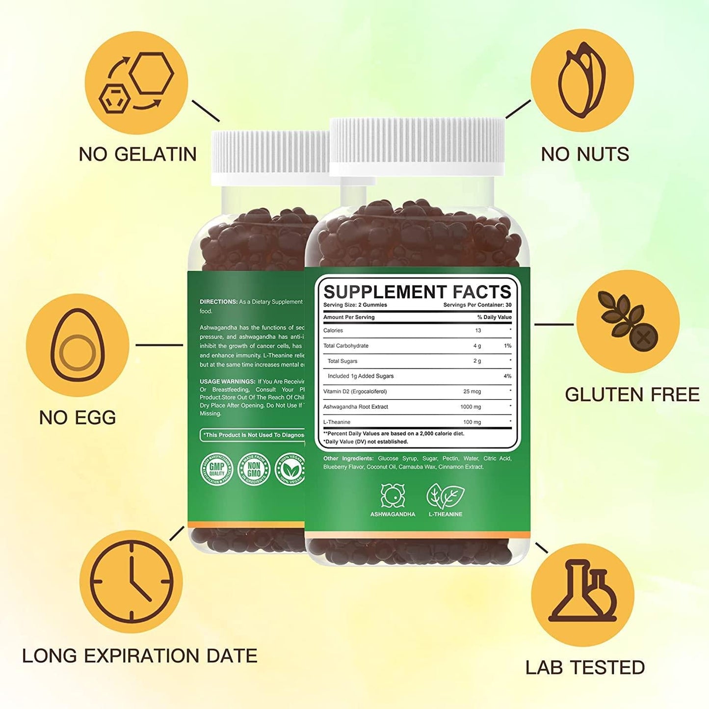 Ashwagandha Gummies with L-Theanine , Vitamin D2, Organic Ashwagandha Root Extract - Supplemental Immune System, Ashwagandha Gummies for Women and Men, Vegan, Gluten-Free, Non-GMO, 60 Gummies