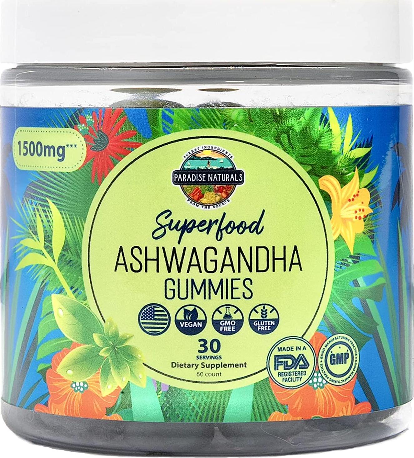 Ashwagandha Gummies by Paradise Naturals - 1500mg Natural Stress Relief Calm Recovery Gummy - Vitamin D Plus Zinc Immune Supplements - Sleep and Mood Support - De-Stress and Calming Energy