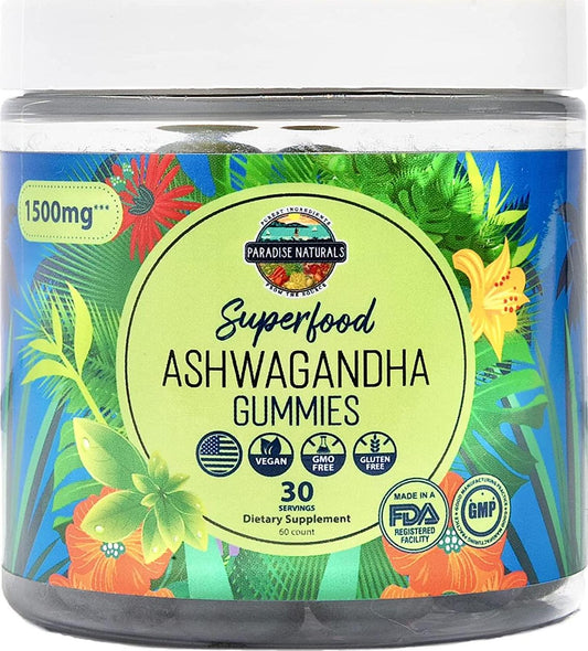 Ashwagandha Gummies by Paradise Naturals - 1500mg Natural Stress Relief Calm Recovery Gummy - Vitamin D Plus Zinc Immune Supplements - Sleep and Mood Support - De-Stress and Calming Energy