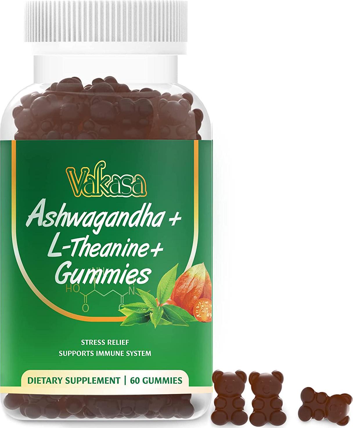 Ashwagandha Gummies with L-Theanine , Vitamin D2, Organic Ashwagandha Root Extract - Supplemental Immune System, Ashwagandha Gummies for Women and Men, Vegan, Gluten-Free, Non-GMO, 60 Gummies