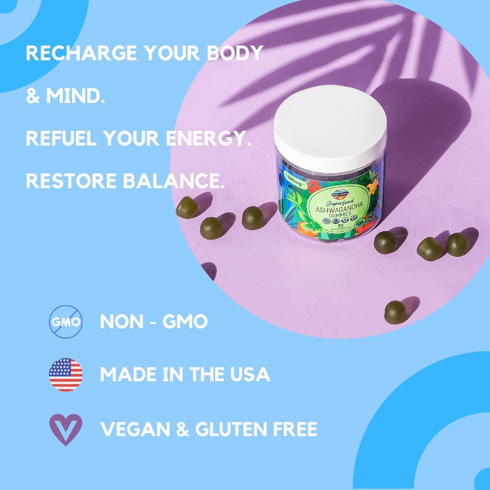 Ashwagandha Gummies by Paradise Naturals - 1500mg Natural Stress Relief Calm Recovery Gummy - Vitamin D Plus Zinc Immune Supplements - Sleep and Mood Support - De-Stress and Calming Energy