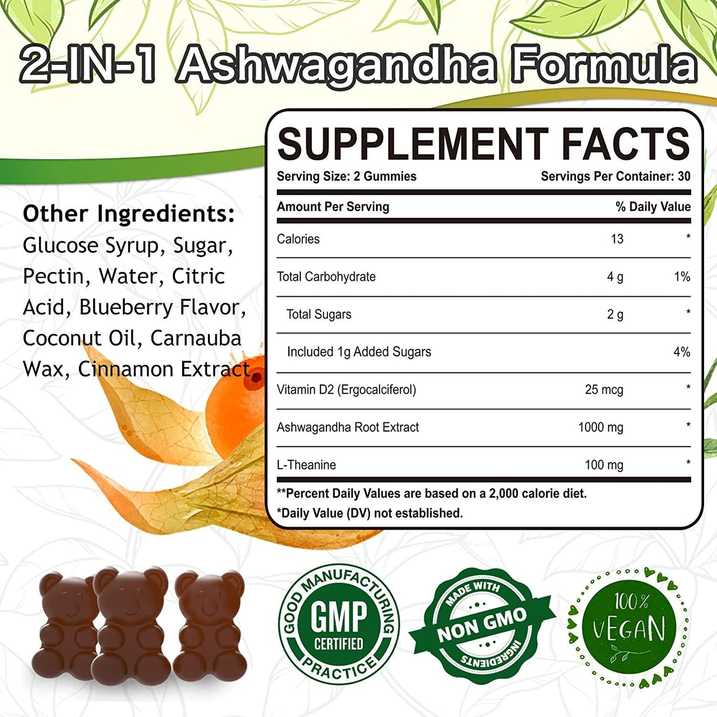 Ashwagandha Gummies with L-Theanine , Vitamin D2, Organic Ashwagandha Root Extract - Supplemental Immune System, Ashwagandha Gummies for Women and Men, Vegan, Gluten-Free, Non-GMO, 60 Gummies