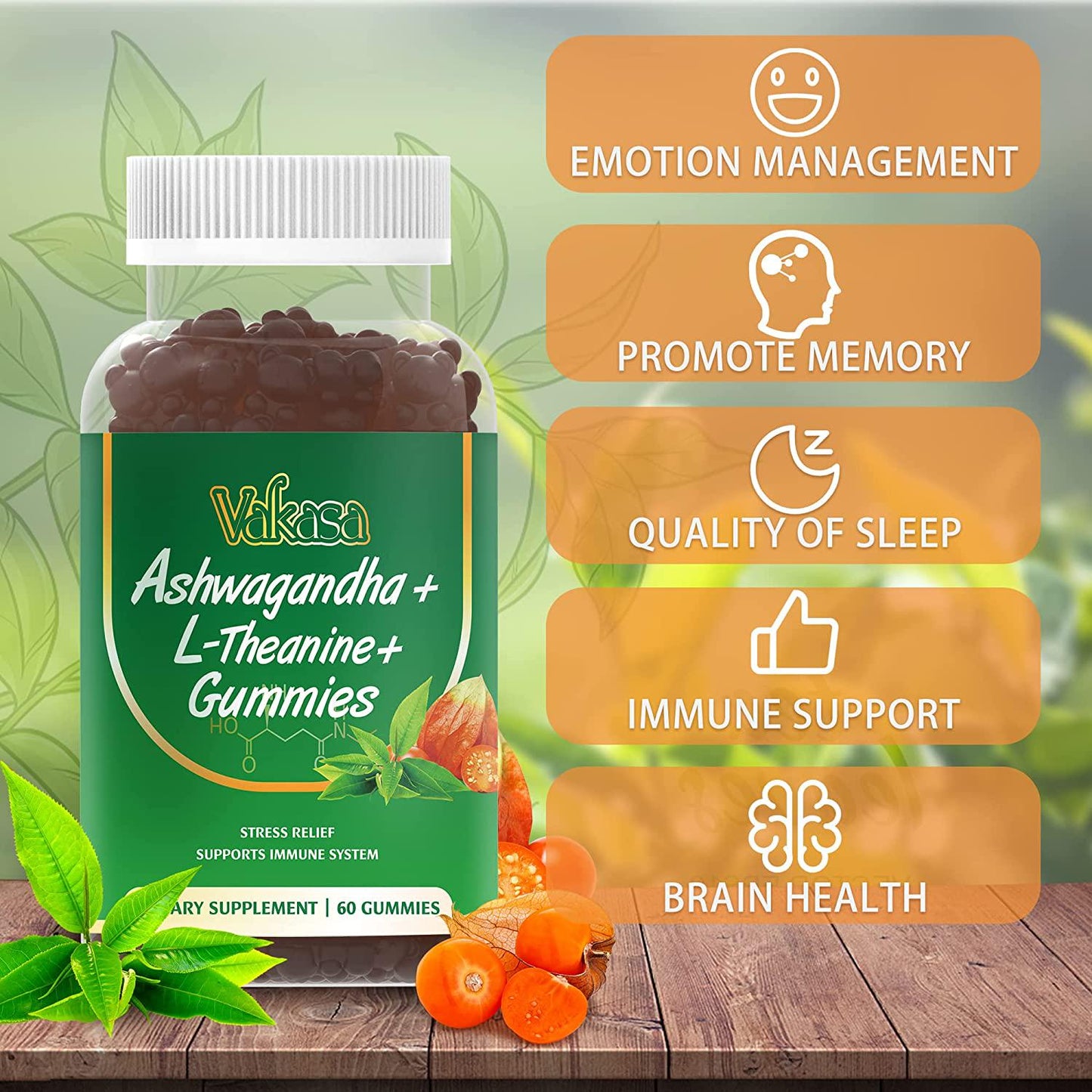 Ashwagandha Gummies with L-Theanine , Vitamin D2, Organic Ashwagandha Root Extract - Supplemental Immune System, Ashwagandha Gummies for Women and Men, Vegan, Gluten-Free, Non-GMO, 60 Gummies