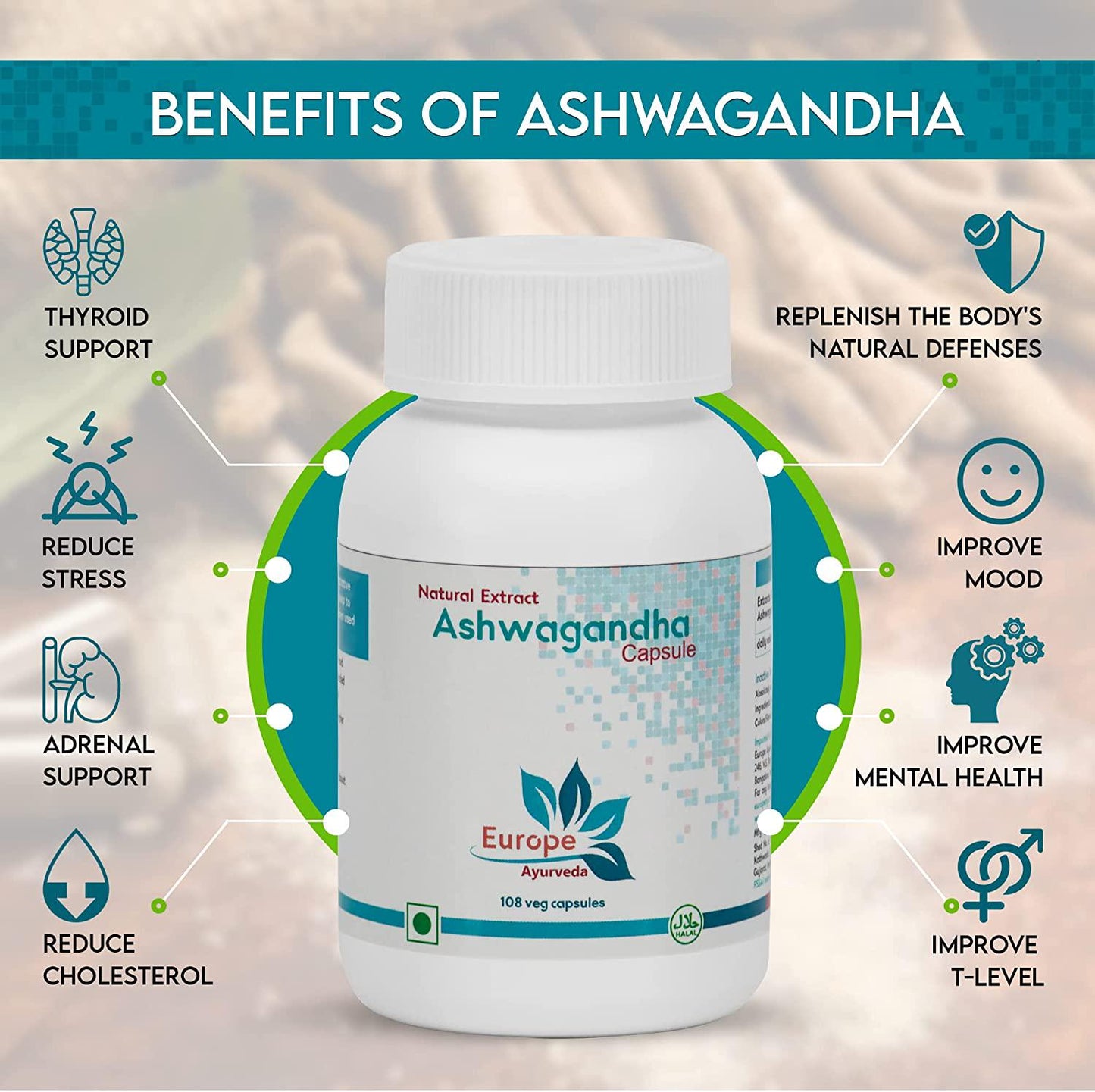 Ashwagandha Root Powder 500 mg - 108 Vegan Capsules - Relax, Restore Stress Relief, Mood Enhancer, Immune and Thyroid Support, Vegeterian Ashwaganbdha Supplements