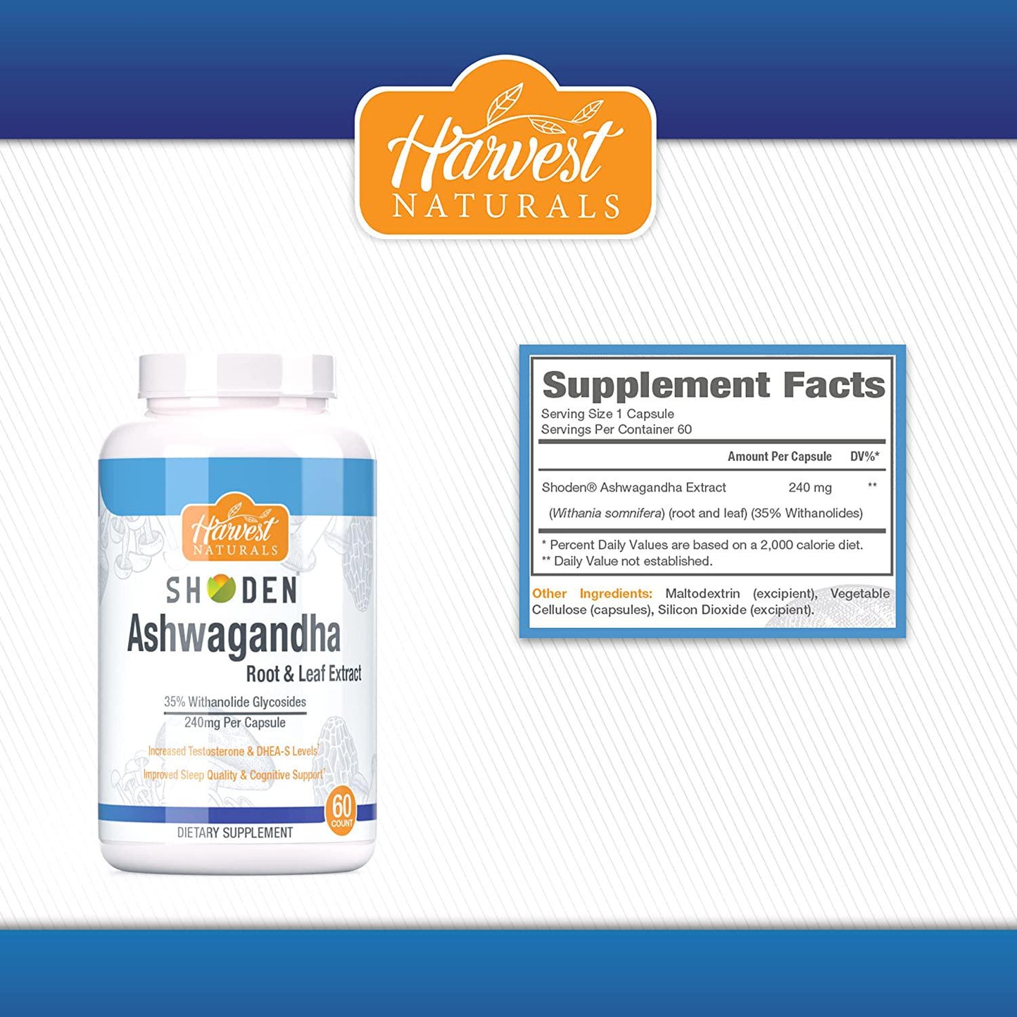 Ashwagandha Shoden Root and Leaf Extract Capsules | 35% Withanolide Glycosides | Harvest Naturals (60 Count)