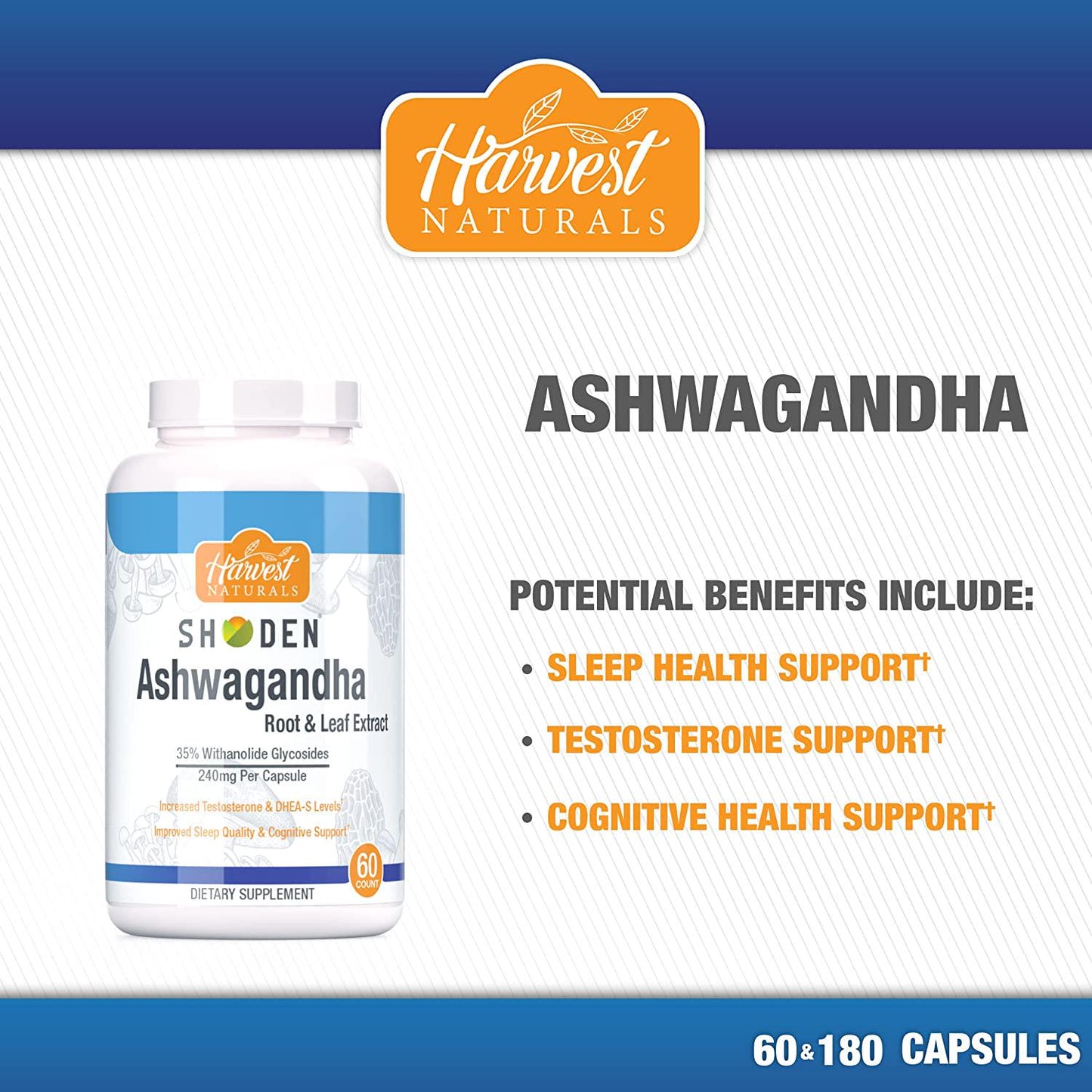 Ashwagandha Shoden Root and Leaf Extract Capsules | 35% Withanolide Glycosides | Harvest Naturals (60 Count)