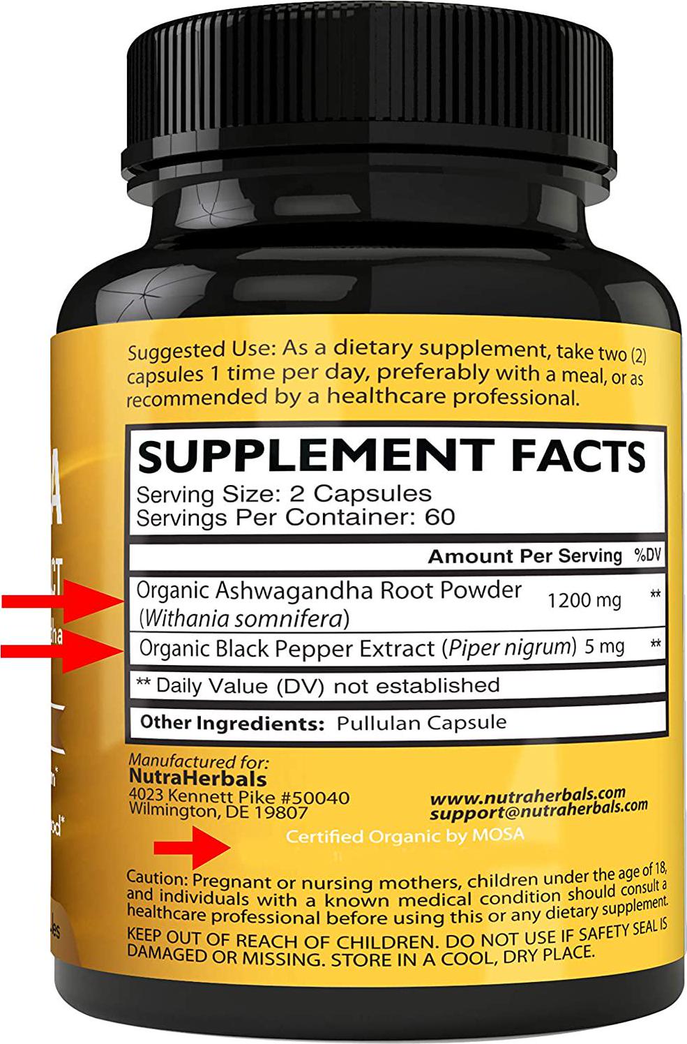 Ashwagandha Supplement Made with Organic Ashwaganda Root Powder 1200mg with Black Pepper Extract for Increased Absorption - 120 Pullulan Capsules