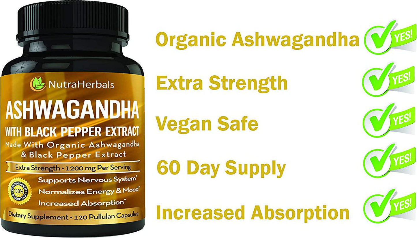 Ashwagandha Supplement Made with Organic Ashwaganda Root Powder 1200mg with Black Pepper Extract for Increased Absorption - 120 Pullulan Capsules