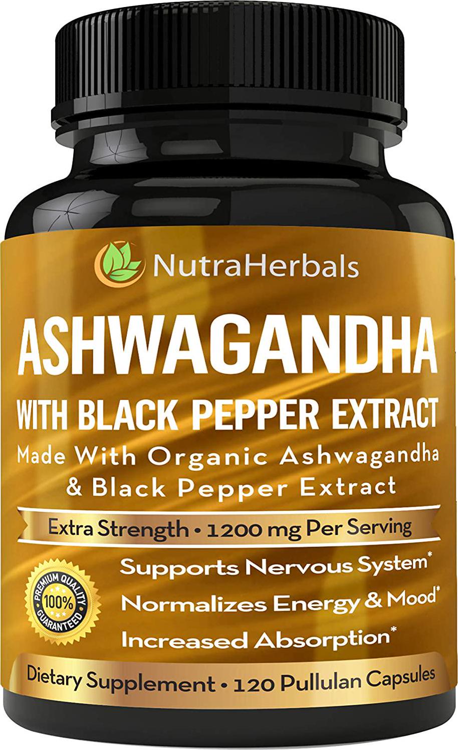 Ashwagandha Supplement Made with Organic Ashwaganda Root Powder 1200mg with Black Pepper Extract for Increased Absorption - 120 Pullulan Capsules