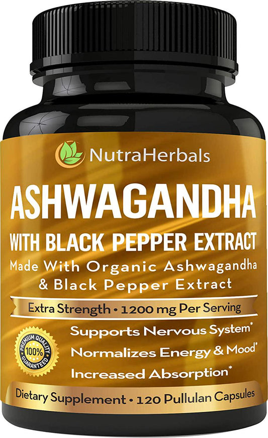 Ashwagandha Supplement Made with Organic Ashwaganda Root Powder 1200mg with Black Pepper Extract for Increased Absorption - 120 Pullulan Capsules