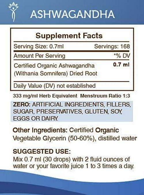 Ashwagandha Tincture Alcohol-Free Liquid Extract, Organic Ashwagandha (Withania Somnifera) Dried Root (4 FL OZ)