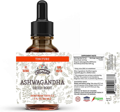 Ashwagandha Tincture, Organic Ashwagandha Extract (Withania Somnifera) Ashwaganda Supplement: Adrenal Support, Anxiety Relief, Thyroid Support, Stress Relief 2 oz