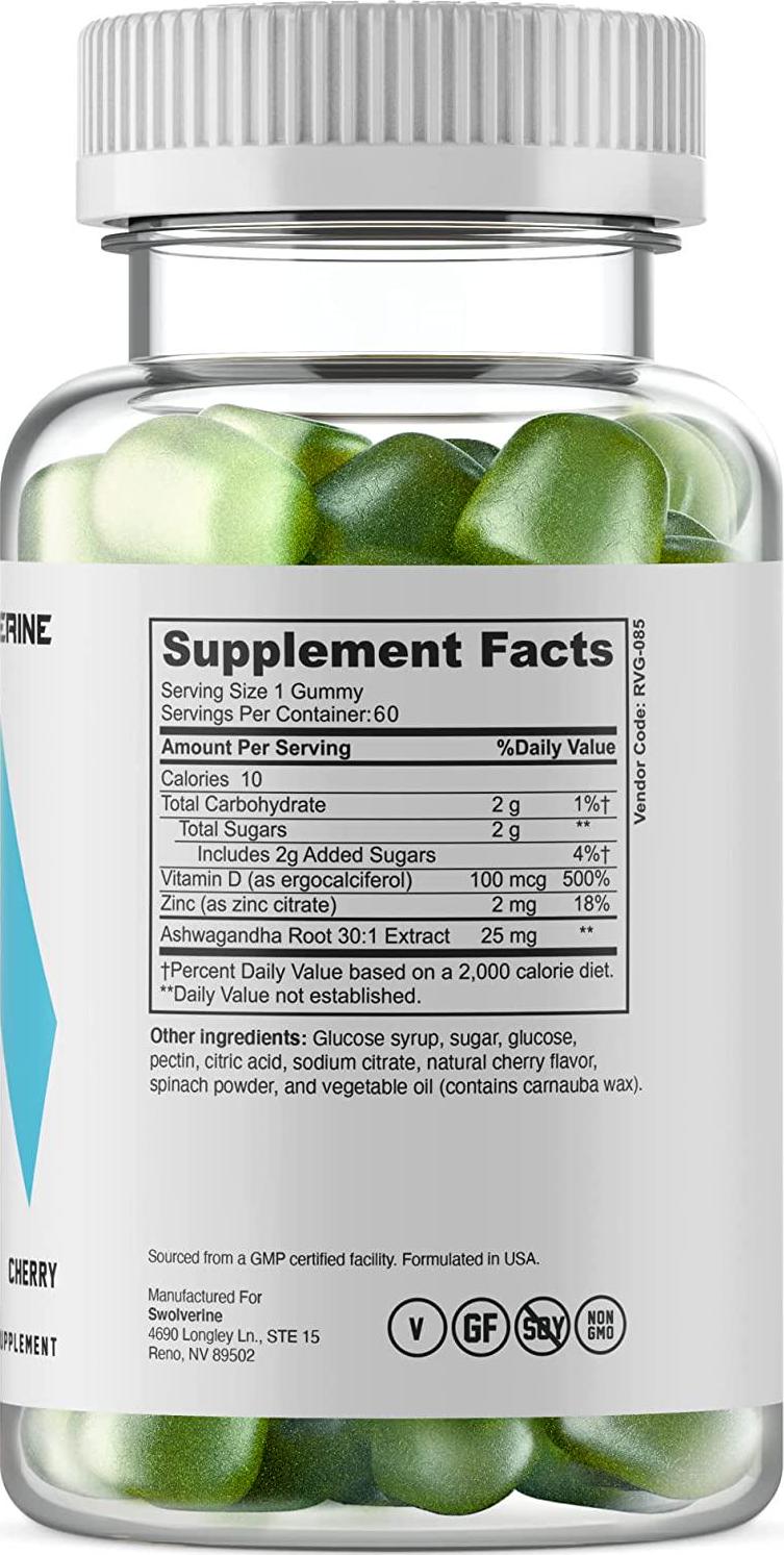 Ashwagandha Vitamin Gummies | Zinc, Vitamin D, Relax, Sleep, Strength, Non-GMO, Vegan - Cherry (60 Count)
