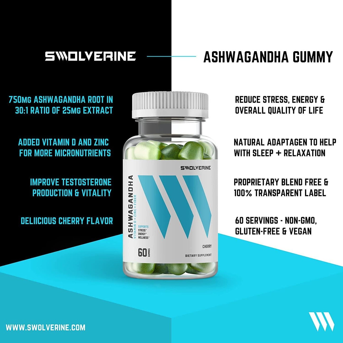 Ashwagandha Vitamin Gummies | Zinc, Vitamin D, Relax, Sleep, Strength, Non-GMO, Vegan - Cherry (60 Count)