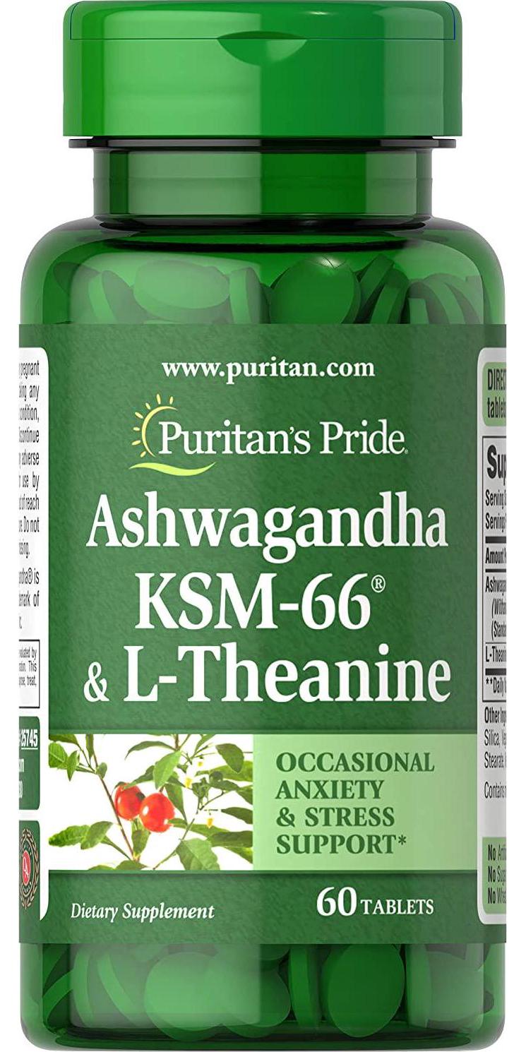 Ashwangandha KSM66 and L-Theanine, Helps Relieve occassional Stress and Anxiety, 60 Count by Puritan's Pride, White