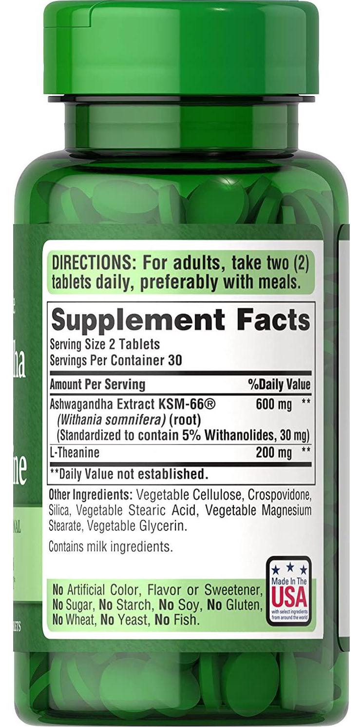 Ashwangandha KSM66 and L-Theanine, Helps Relieve occassional Stress and Anxiety, 60 Count by Puritan's Pride, White