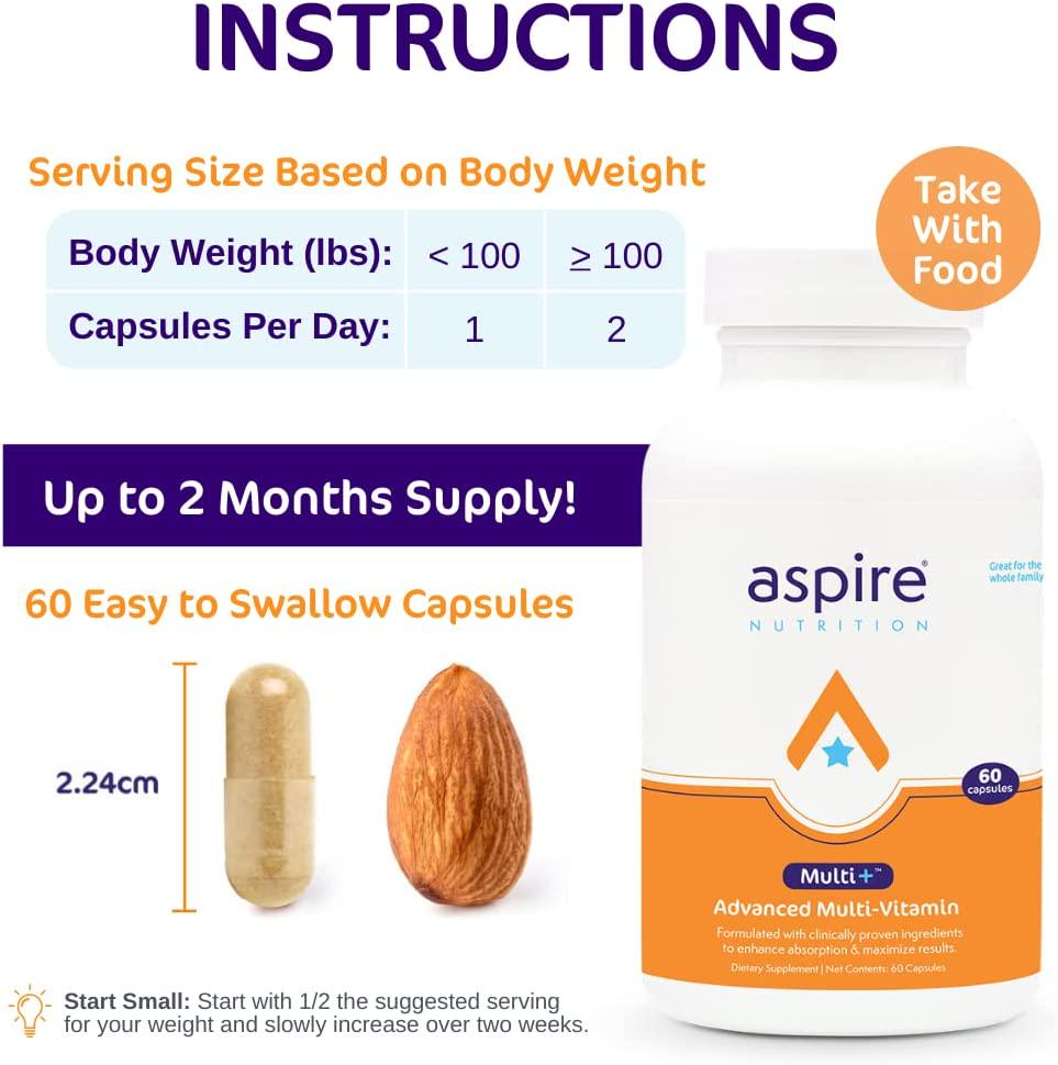 Aspire Multi+ Advanced Multivitamin for Men, Women and Kids (Flavored Capsule) - Best Supplement for Focus, Attention, Memory, Mood. More Absorbent Nutrients, Minerals and Vitamins - All Natural