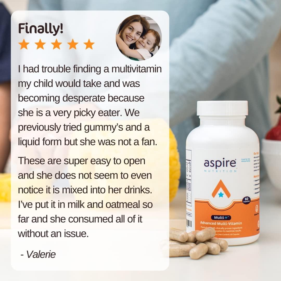 Aspire Multi+ Advanced Multivitamin for Men, Women and Kids (Flavored Capsule) - Best Supplement for Focus, Attention, Memory, Mood. More Absorbent Nutrients, Minerals and Vitamins - All Natural