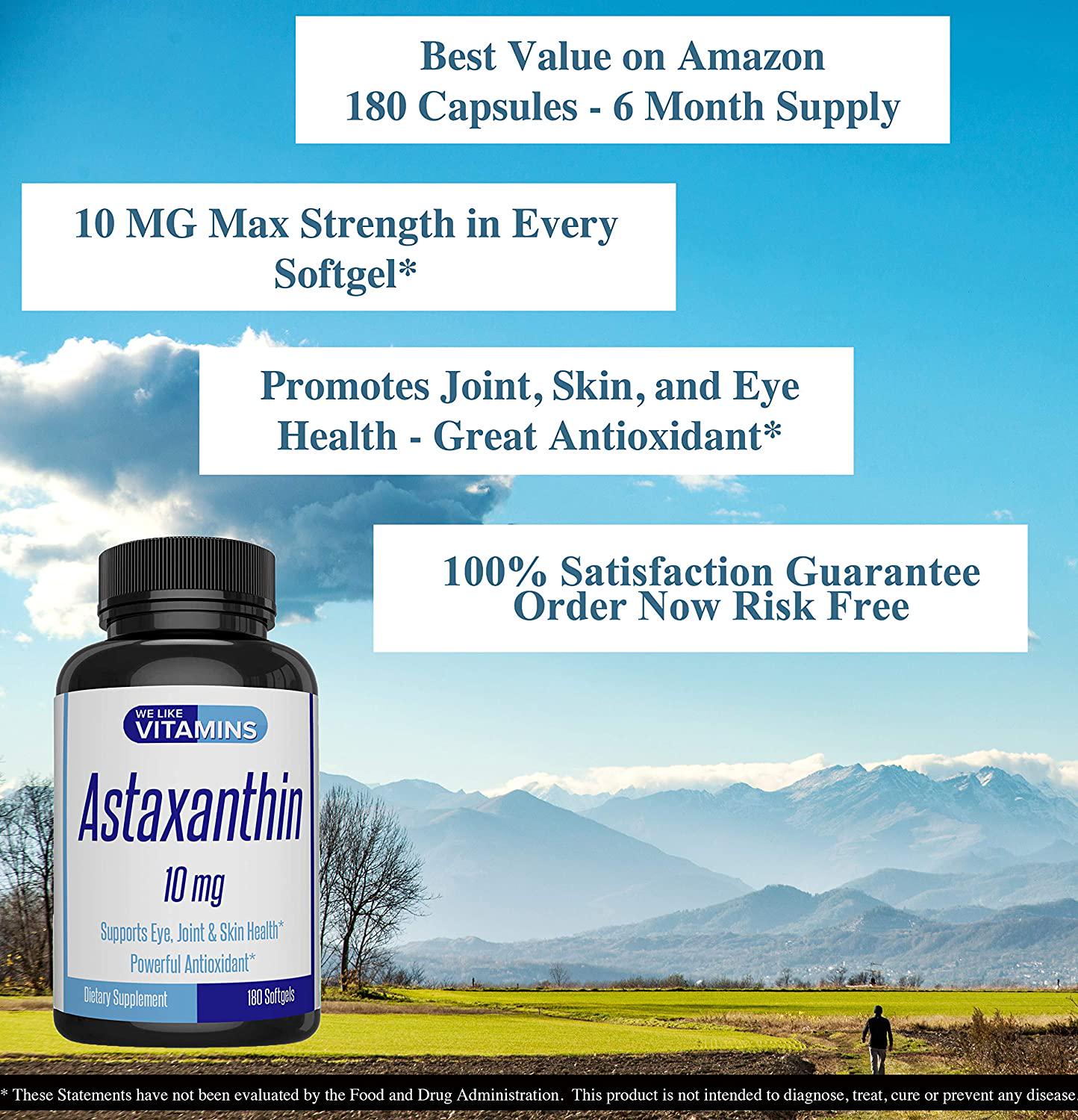 Astaxanthin 10mg - 180 Capsules - Astaxanthin Supplement 6 Month Supply Antioxidant Helps Support Exercise Recovery, Eye, Joint, Skin Health