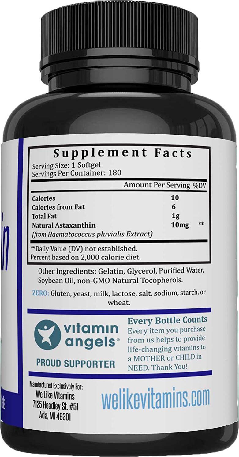 Astaxanthin 10mg - 180 Capsules - Astaxanthin Supplement 6 Month Supply Antioxidant Helps Support Exercise Recovery, Eye, Joint, Skin Health