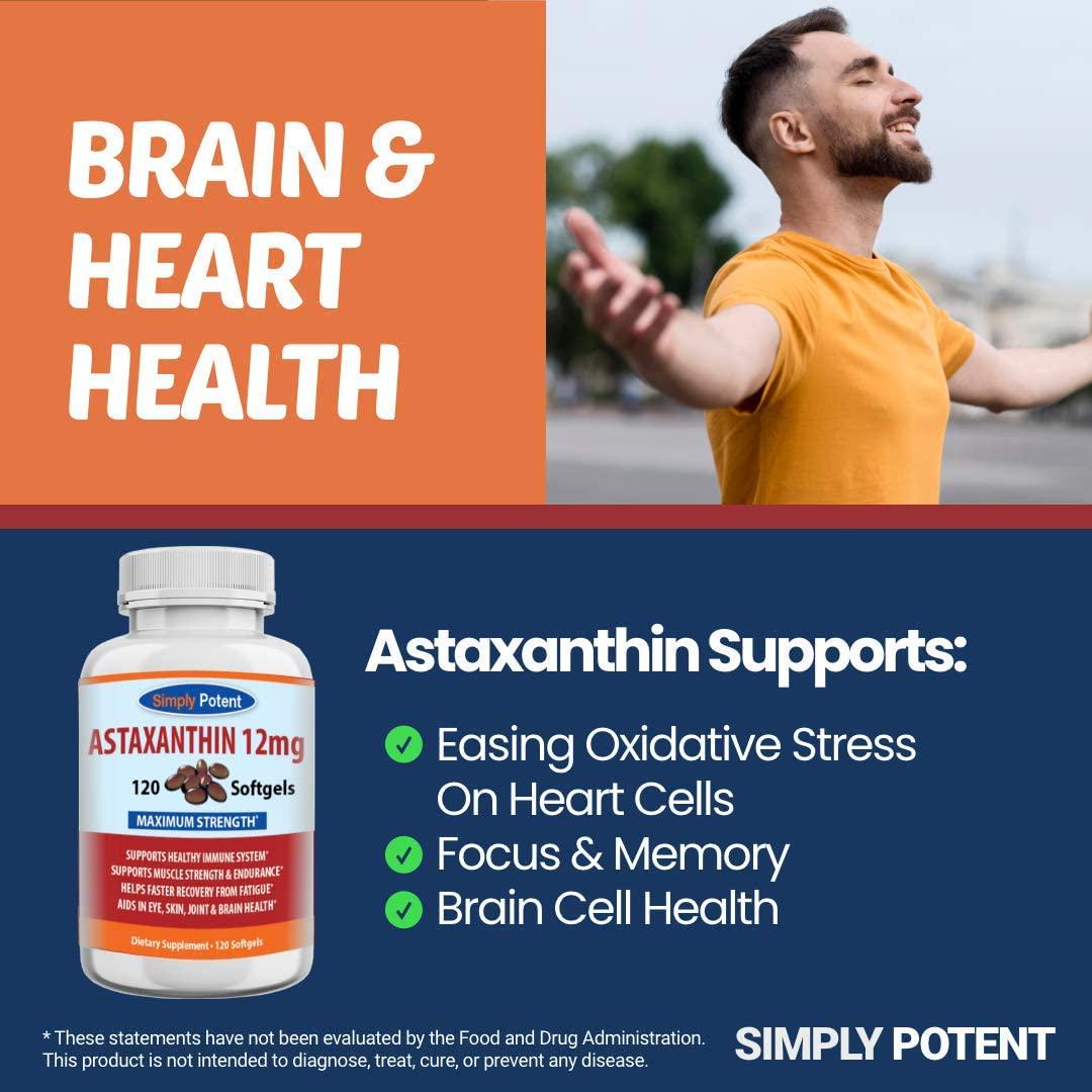 Astaxanthin 12mg 120 Softgels, High Potency Triple Strength Antioxidant Gel Cap Supplement Supports Joint, Heart, Brain, Skin, Eye Health and Muscle Fatigue Recovery