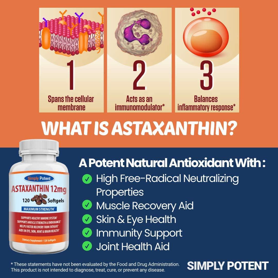 Astaxanthin 12mg 120 Softgels, High Potency Triple Strength Antioxidant Gel Cap Supplement Supports Joint, Heart, Brain, Skin, Eye Health and Muscle Fatigue Recovery