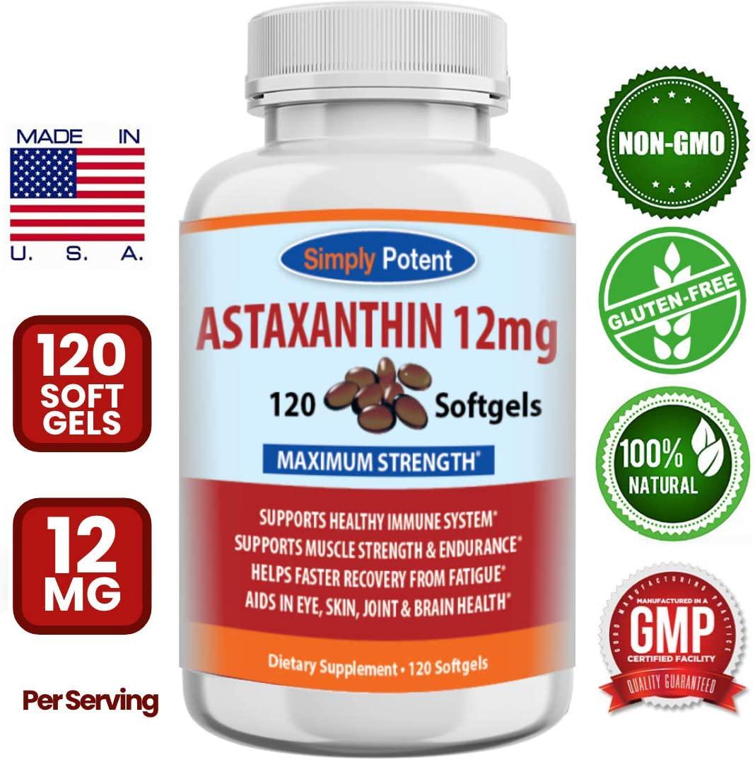 Astaxanthin 12mg 120 Softgels, High Potency Triple Strength Antioxidant Gel Cap Supplement Supports Joint, Heart, Brain, Skin, Eye Health and Muscle Fatigue Recovery