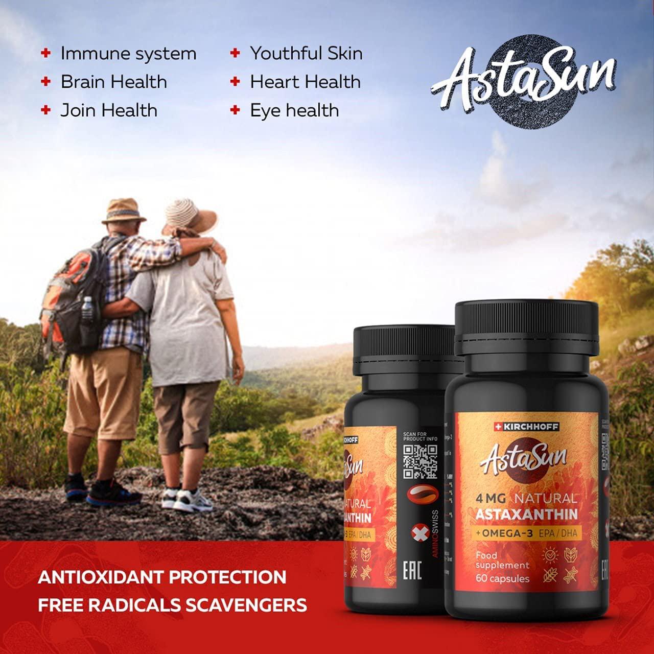 Astaxanthin AstaSun for Skin and Eye, Strengthening of Joints EPA/DHA 4 mg, 60 Capsules Laboratory Tested Premium Product with Omega 3